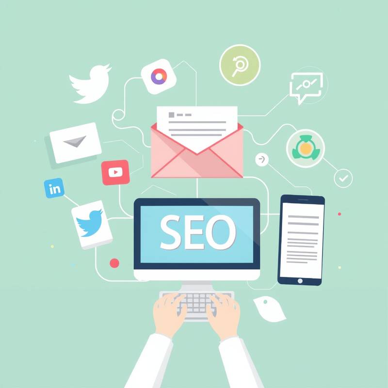 Ilustración de estrategias de marketing digital incluyendo redes sociales, email marketing y SEO