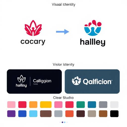 Imagen que muestra el desarrollo de la identidad visual de una marca, incluyendo el logotipo y la paleta de colores